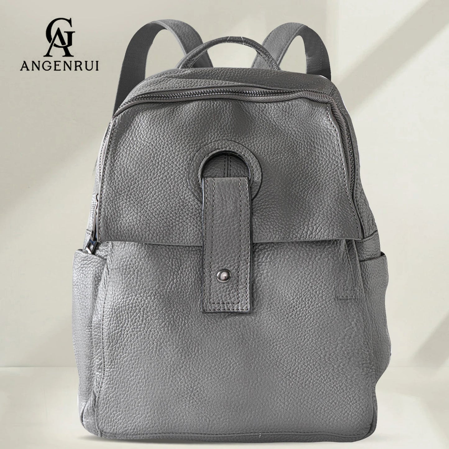 Taupe Leather Buckle Backpack Bag