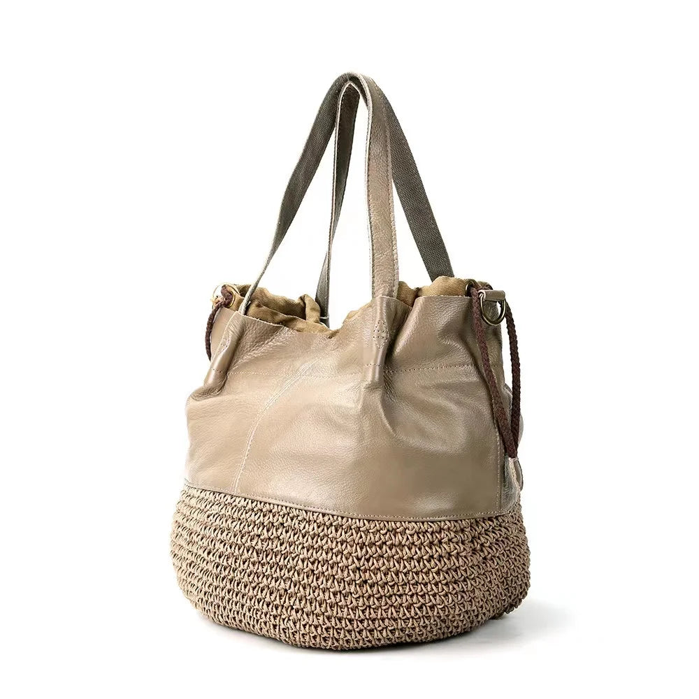 Brown Woven Bucket Shoulder Bag