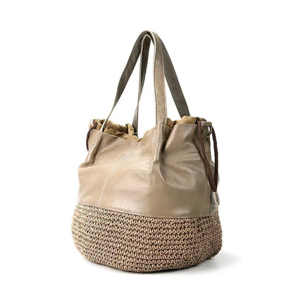 Brown Woven Bucket Shoulder Bag