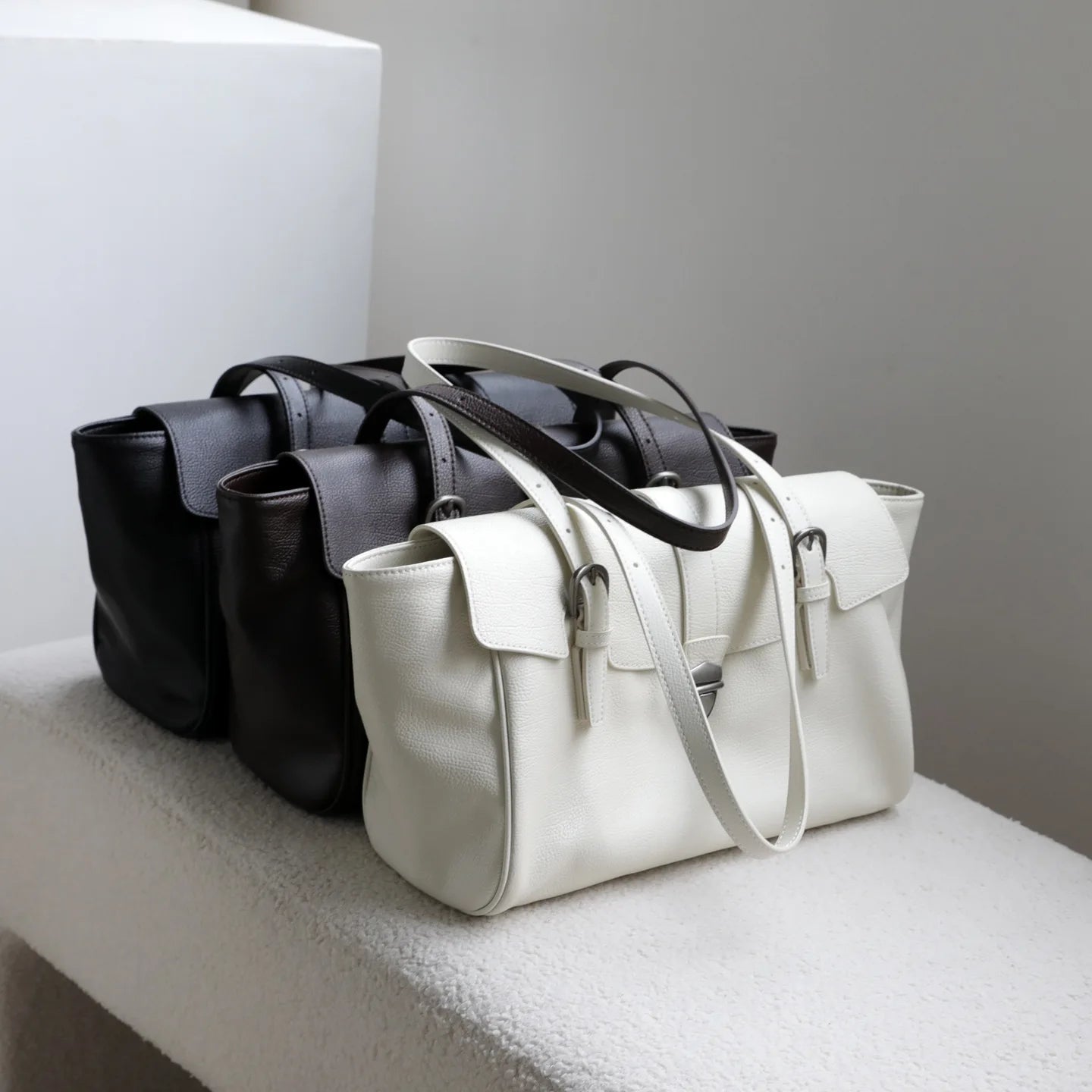 White Leather Belted Tote Bag