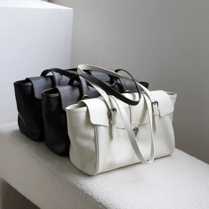 White Leather Belted Tote Bag