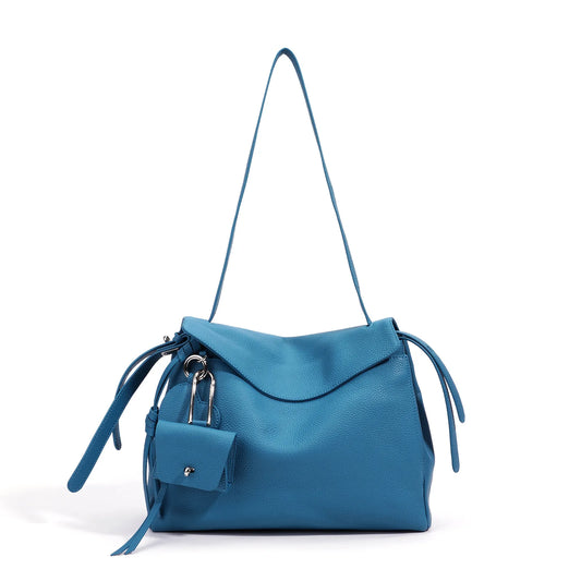Blue Leather Drawstring Crossbody Bag