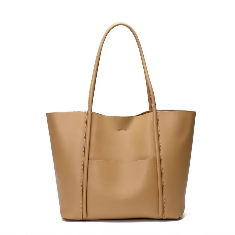 Tan Leather Minimal Shopper Tote