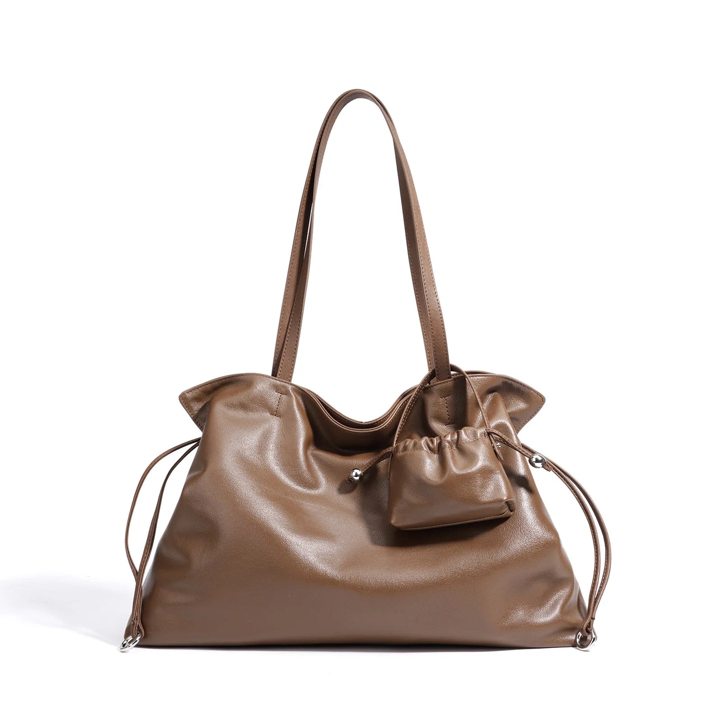 Brown Drawstring Pillow Shoulder Bag