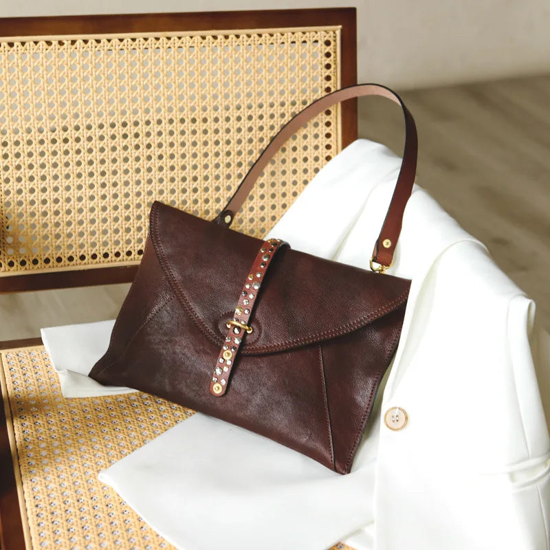 Brown Beaded Foldover Clutch Bag