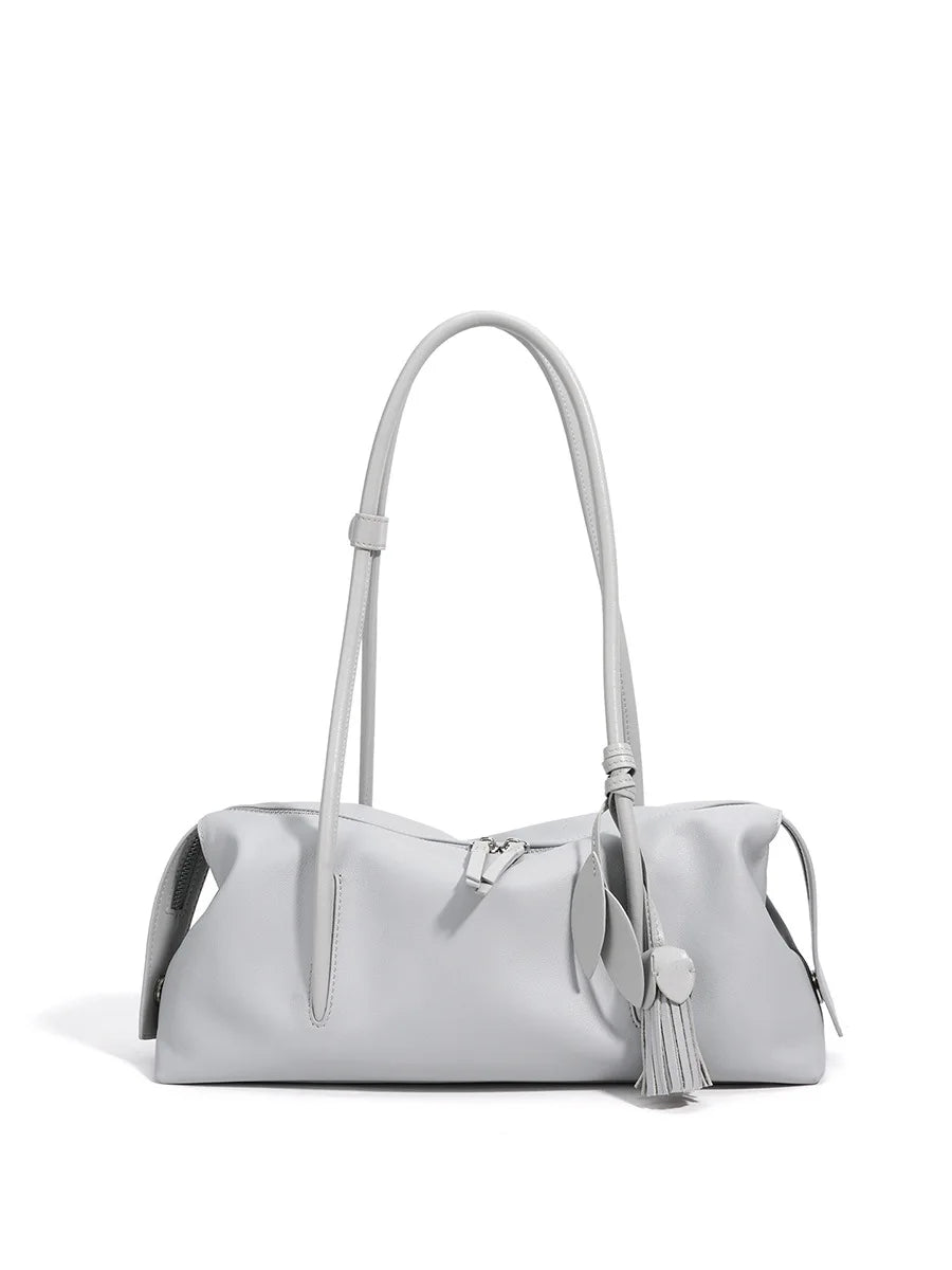 Taupe Leather Tassel Shoulder Bag