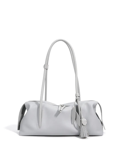 Taupe Leather Tassel Shoulder Bag