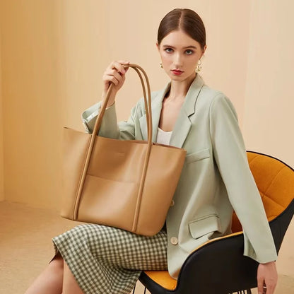 Tan Leather Minimal Shopper Tote