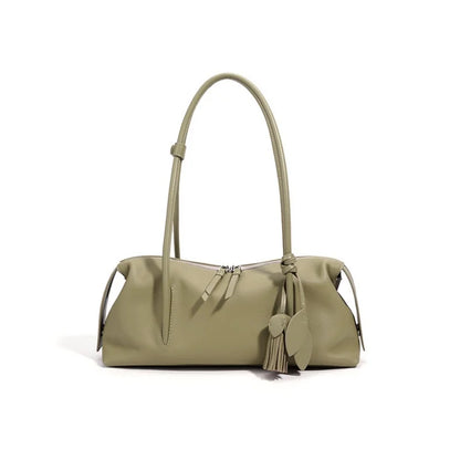 Taupe Leather Tassel Shoulder Bag