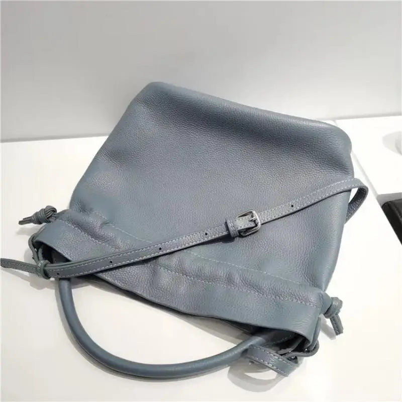 Blue Leather Drawstring Bucket Bag
