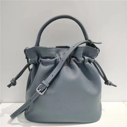 Blue Leather Drawstring Bucket Bag