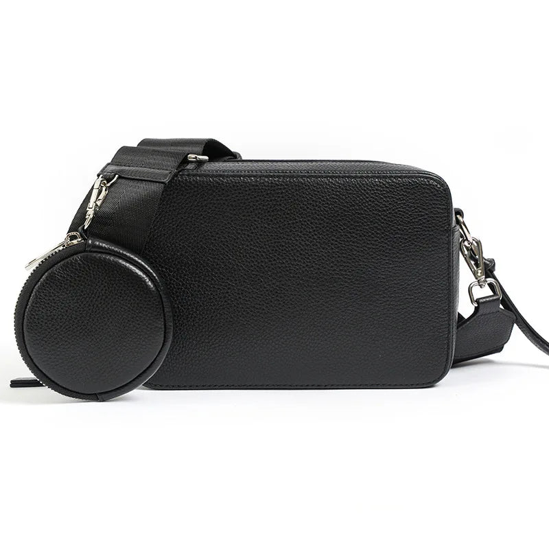 Black Leather Round Pouch Crossbody Bag