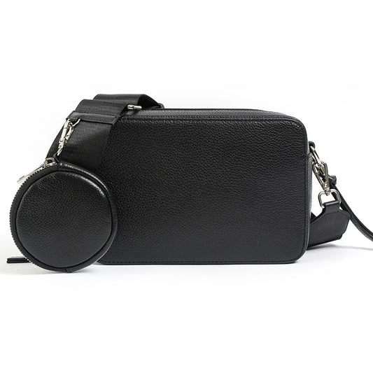 Black Leather Round Pouch Crossbody Bag