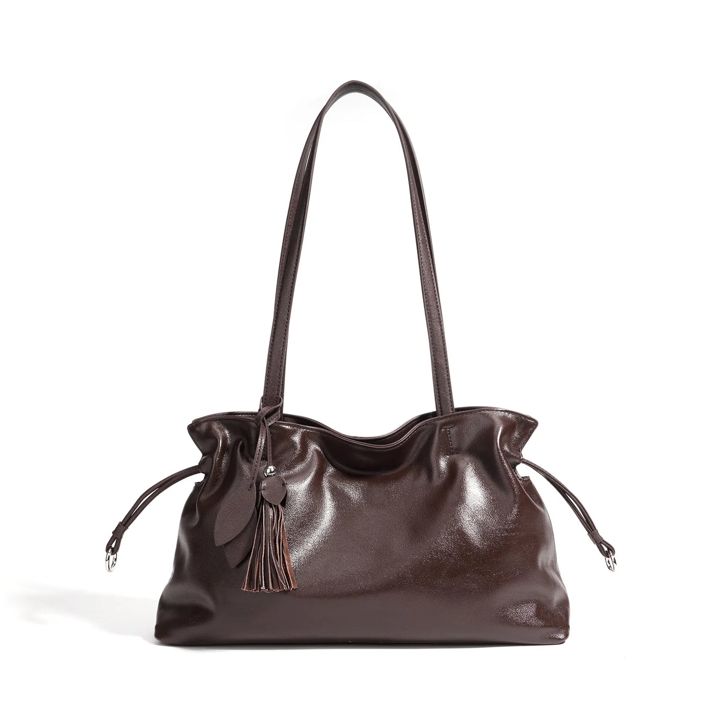 Beige Drawstring Tassel Shoulder Tote