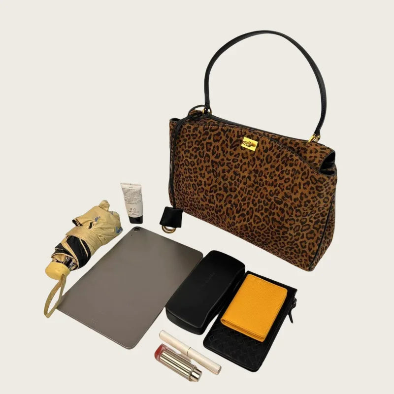 Leopard Suede Buckle Shoulder Bag