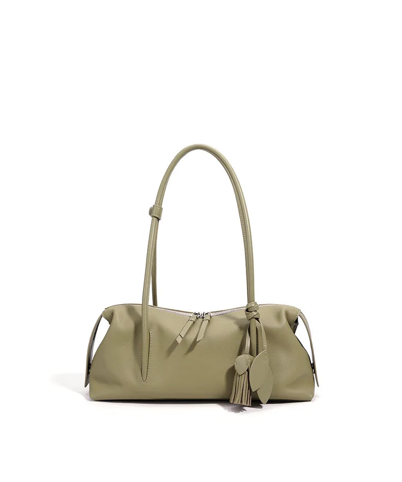 Taupe Leather Tassel Shoulder Bag