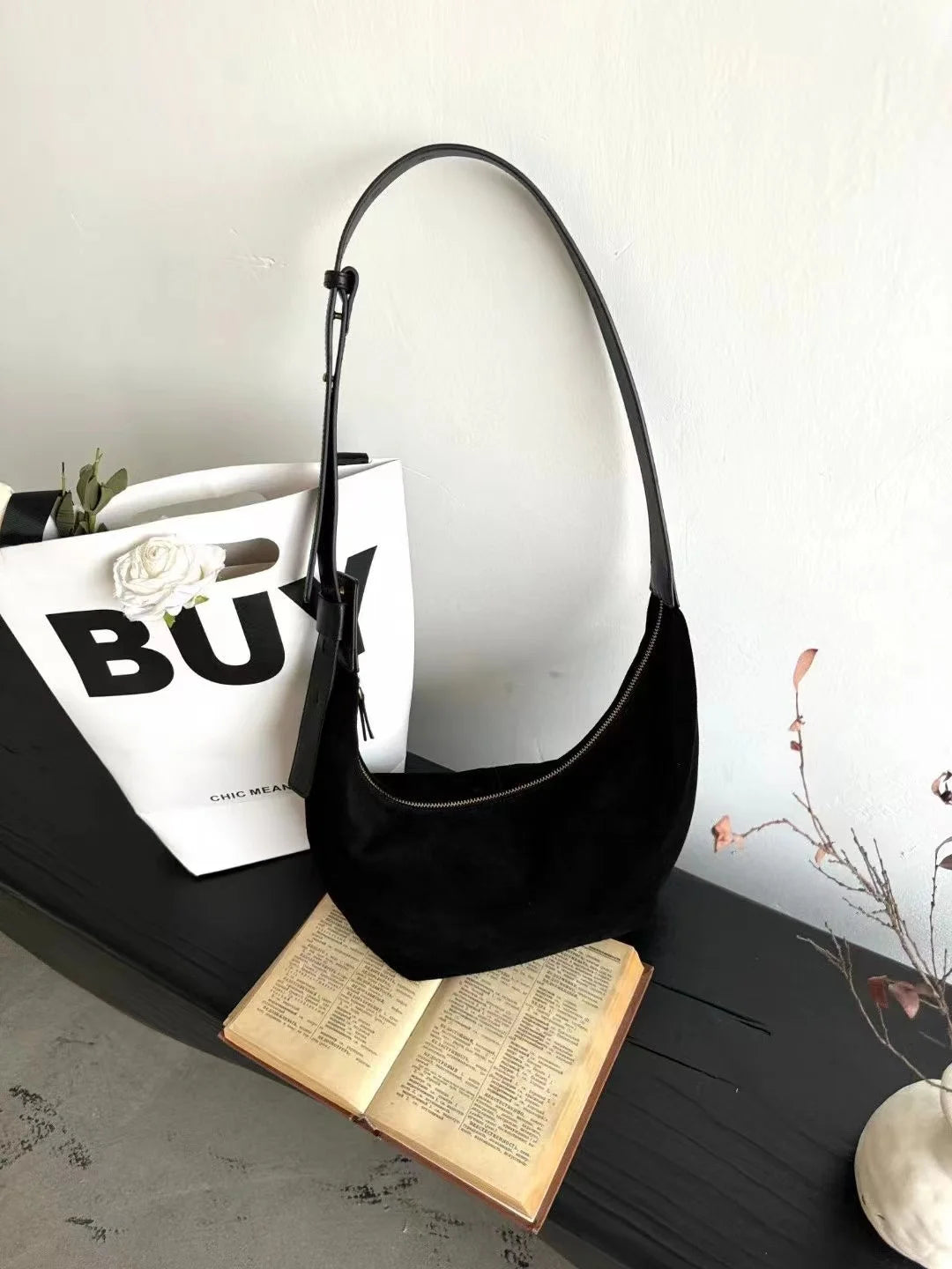 Brown Suede Dumpling Shoulder Bag