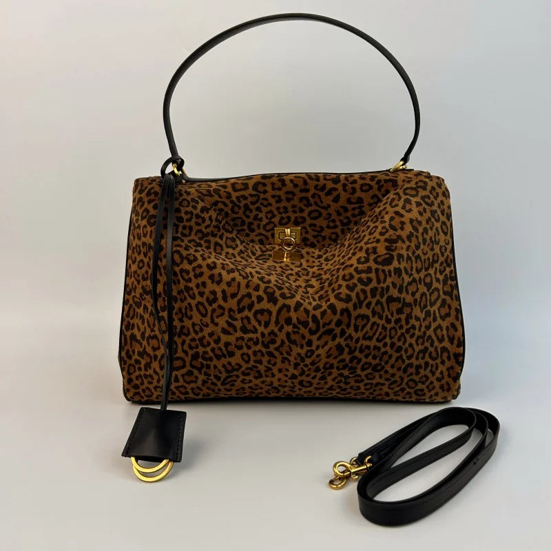 Leopard Suede Buckle Shoulder Bag