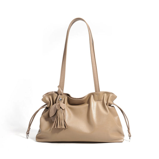 Beige Drawstring Tassel Shoulder Tote