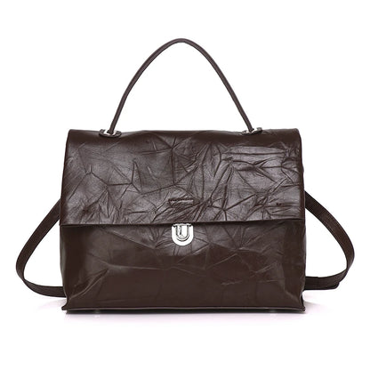 Black Foldover Leather Satchel Bag