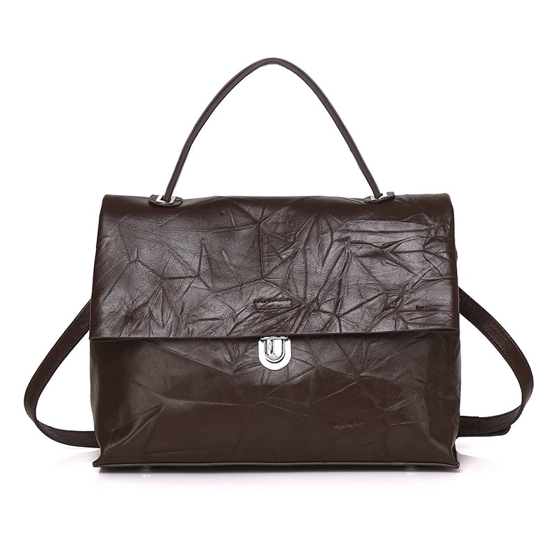Black Foldover Leather Satchel Bag