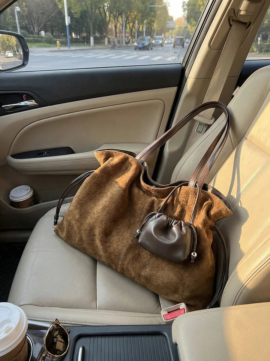 Brown Suede Drawstring Tote Bag