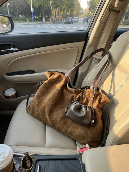 Brown Suede Drawstring Tote Bag