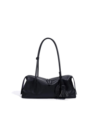 Taupe Leather Tassel Shoulder Bag