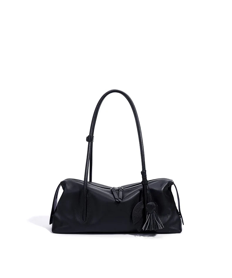 Taupe Leather Tassel Shoulder Bag