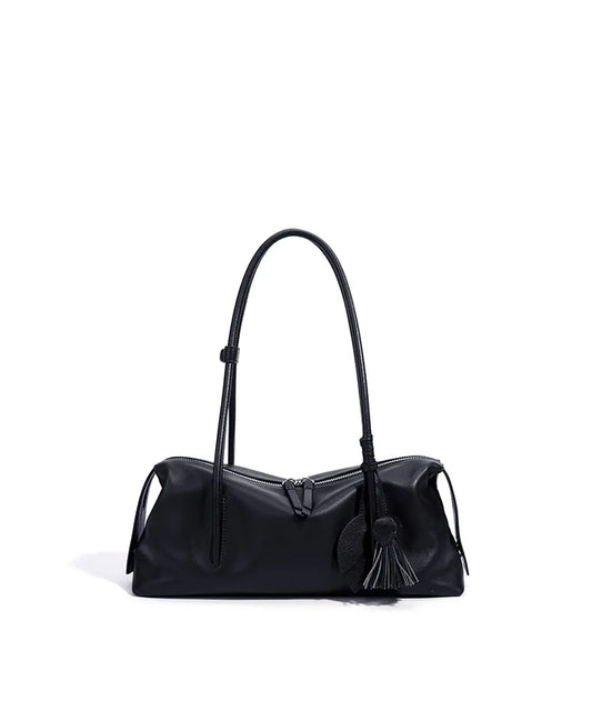 Taupe Leather Tassel Shoulder Bag