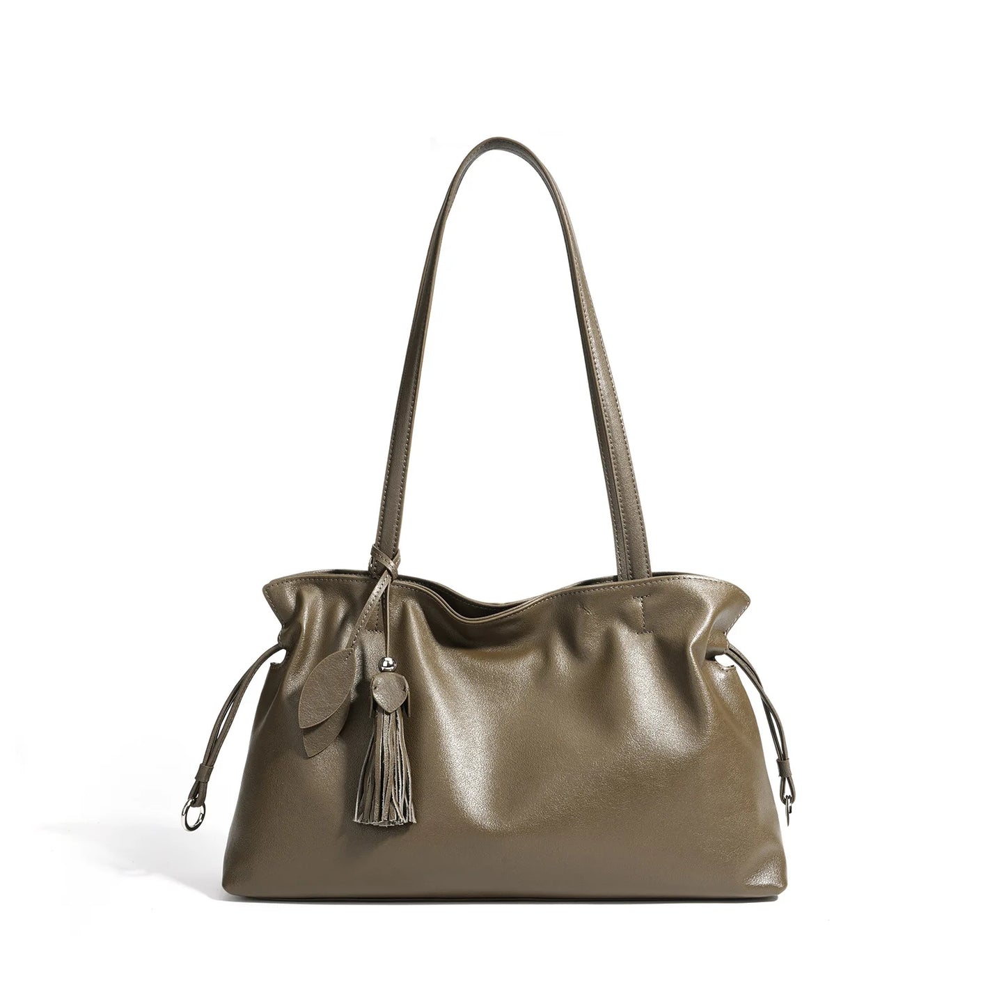 Beige Drawstring Tassel Shoulder Tote