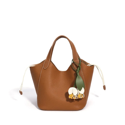 Tan Leather Charm Bucket Tote