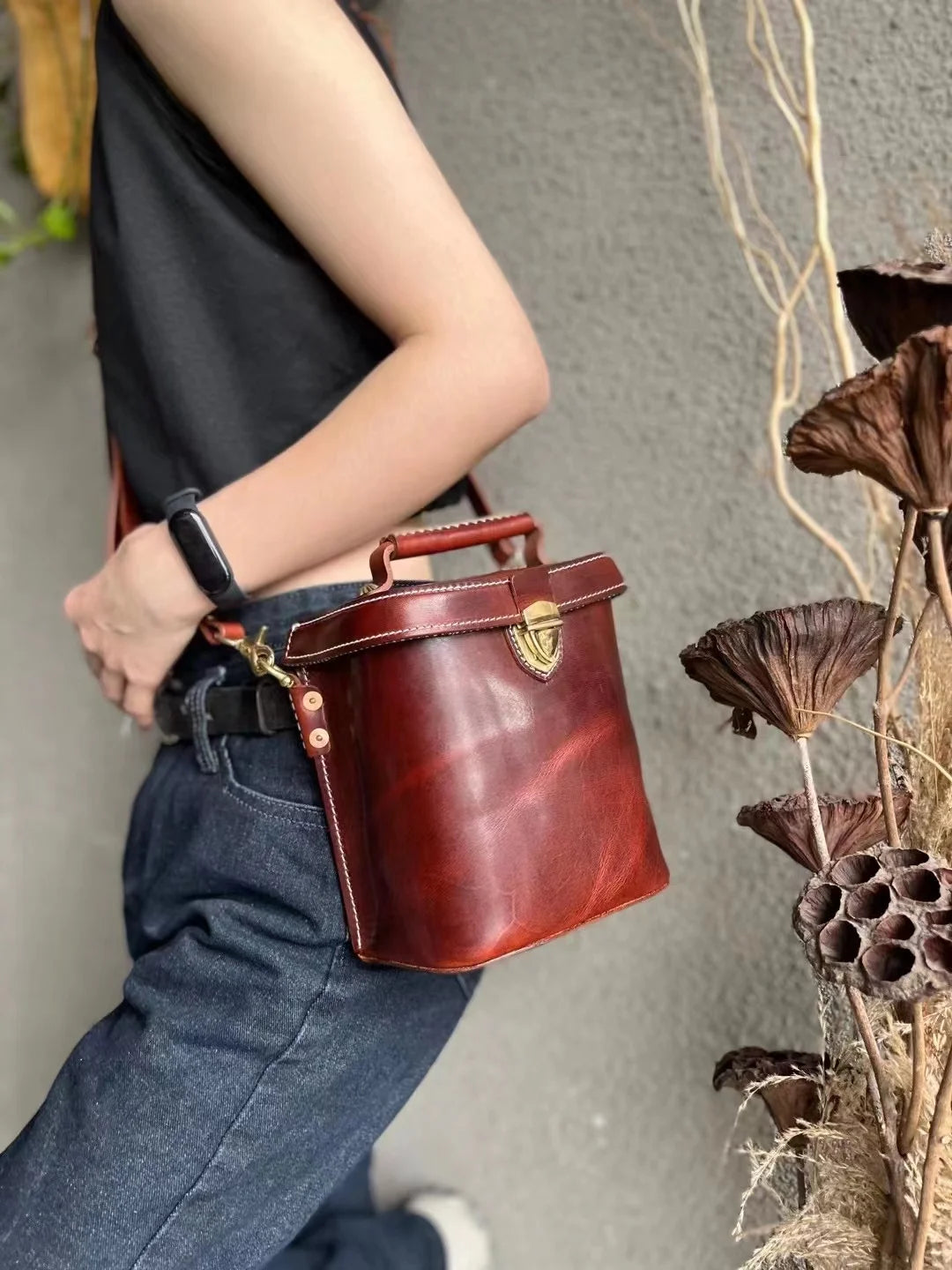 Brown Boxy Lock Crossbody Bag