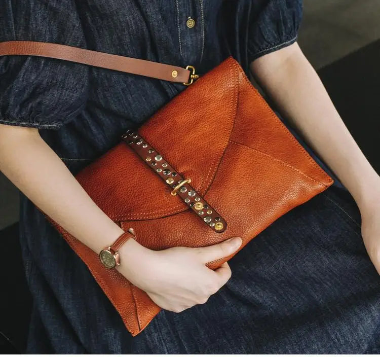 Brown Beaded Foldover Clutch Bag
