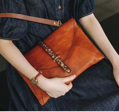 Brown Beaded Foldover Clutch Bag