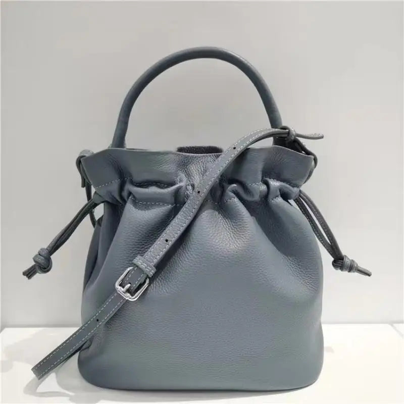 Blue Leather Drawstring Bucket Bag