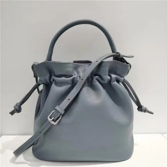 Blue Leather Drawstring Bucket Bag