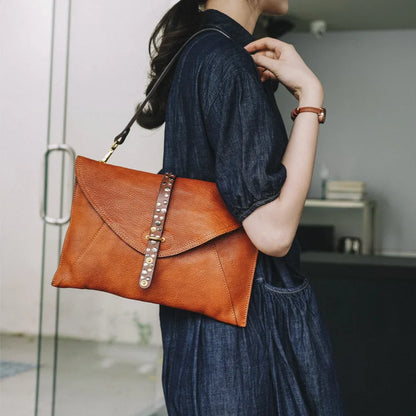Brown Beaded Foldover Clutch Bag