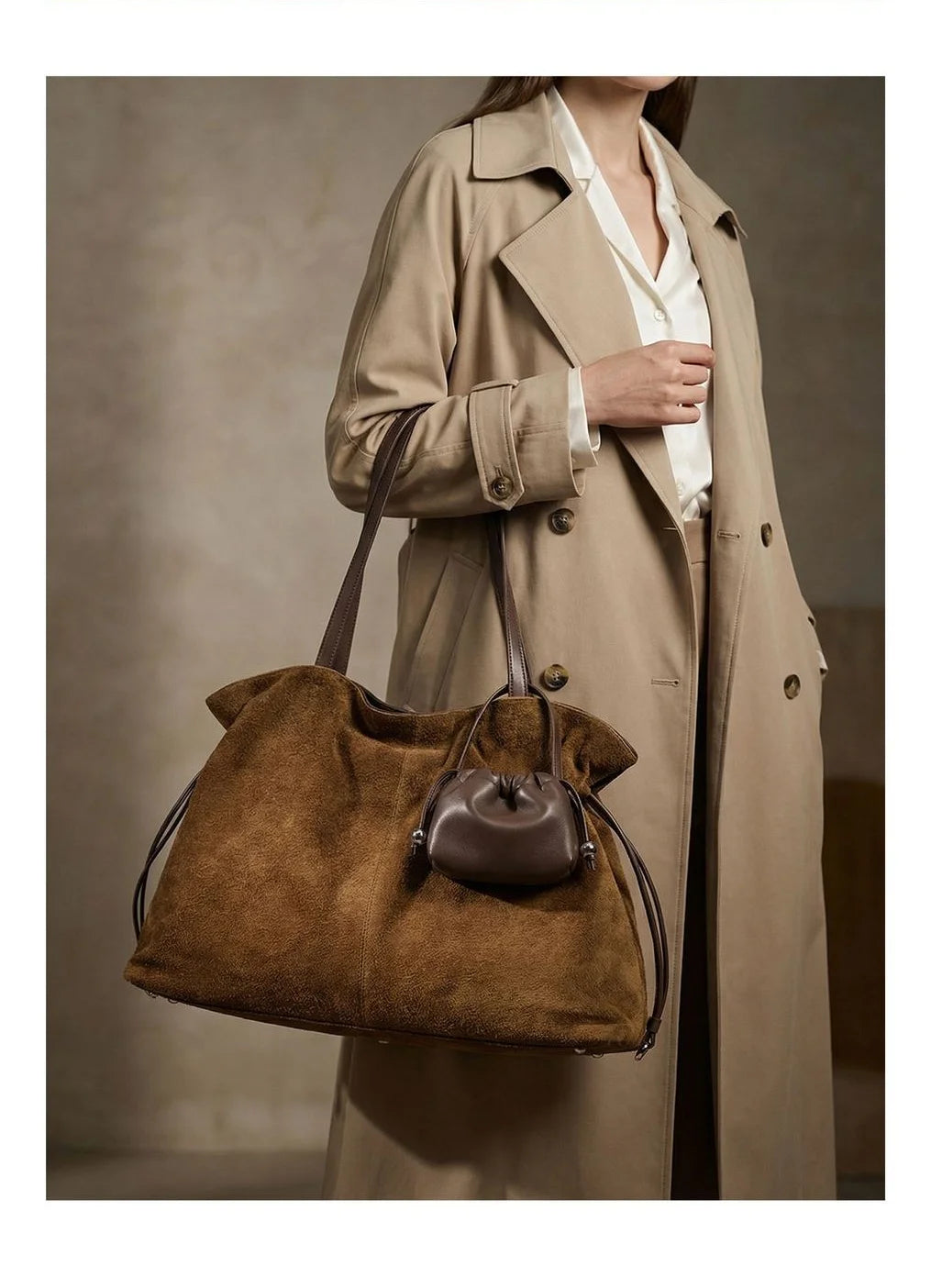 Brown Suede Drawstring Tote Bag