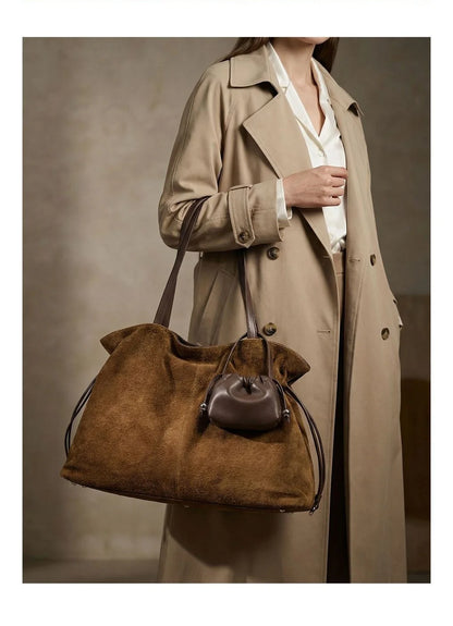 Brown Suede Drawstring Tote Bag