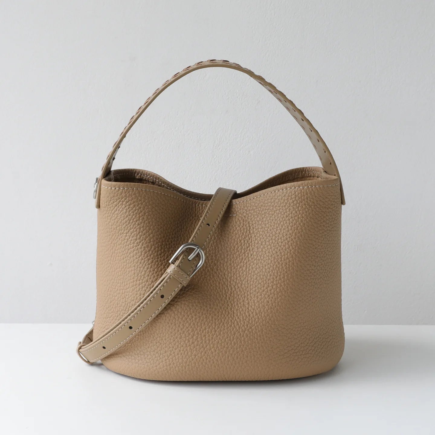 Taupe Leather Bucket Shoulder Bag