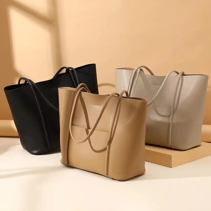 Tan Leather Minimal Shopper Tote