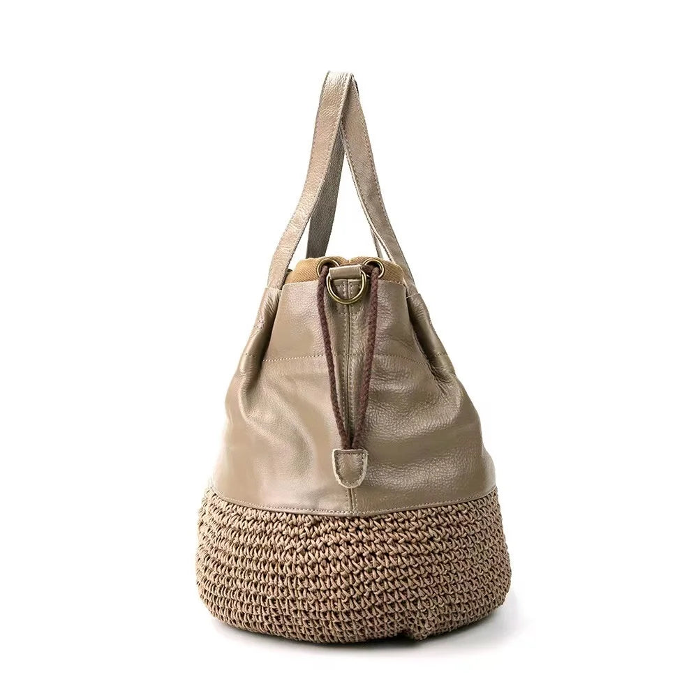 Brown Woven Bucket Shoulder Bag