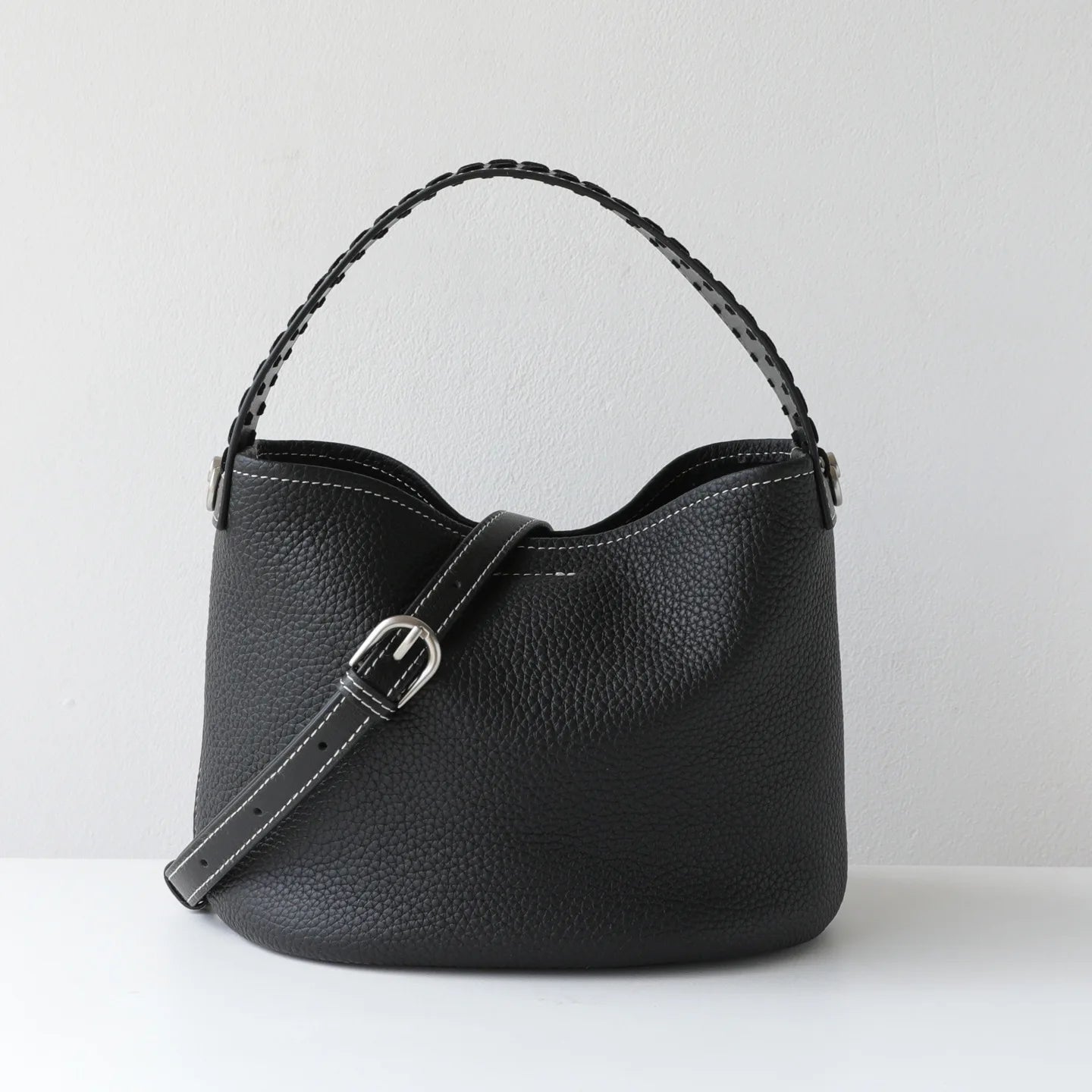Taupe Leather Bucket Shoulder Bag