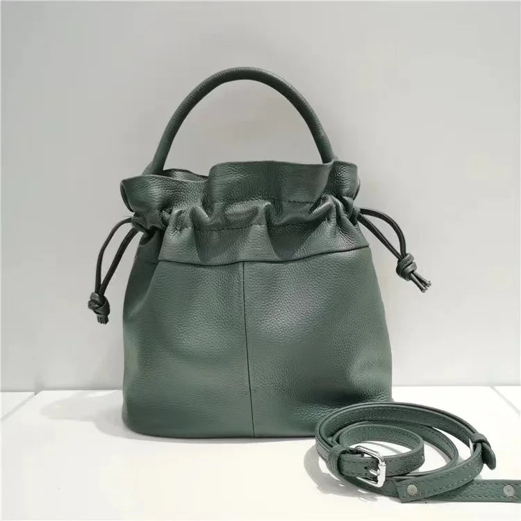 Blue Leather Drawstring Bucket Bag