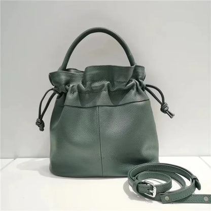 Blue Leather Drawstring Bucket Bag