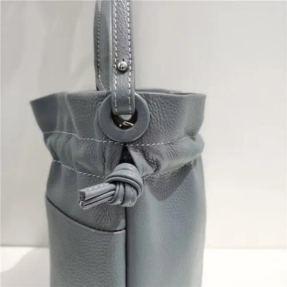 Blue Leather Drawstring Bucket Bag