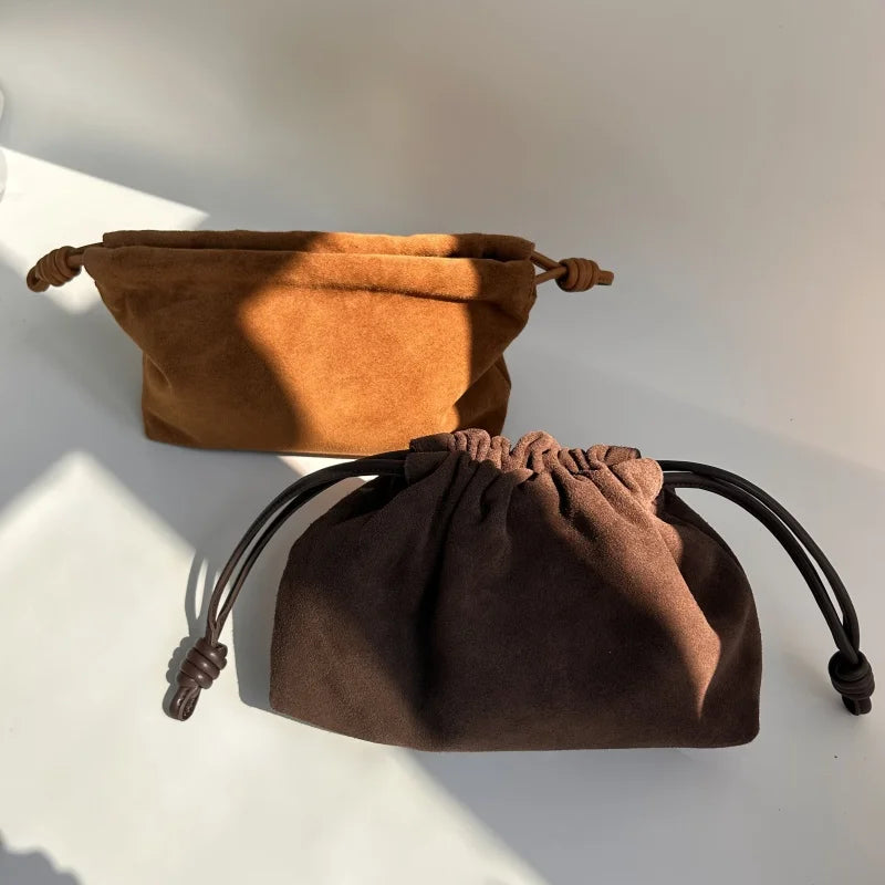 Brown Suede Drawstring Cloud Bag