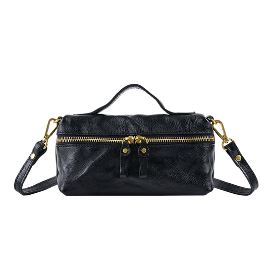 Black Leather Double Zip Crossbody Bag